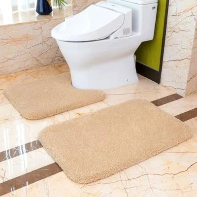 Afbeelding van Badmat, 2 delig, antislip, dik, absorberend, vloermat van microvezel badkamertapijt 50 x 80 cm + wc mat 60 (beige)
