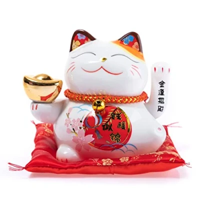 Afbeelding van lachineuse kat Maneki Neko Japanse geluksbrenger beweegbare arm Kawaii decoratief object Lucky Cat porselein Chinese Azië decoratie geluk, fortuin