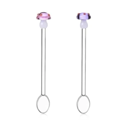 Afbeelding van Ichendorf Milano Set van 2 theelepels paddenstoel paars en roze Alice collectie H 15 cm borosilicaatglas handgemaakt