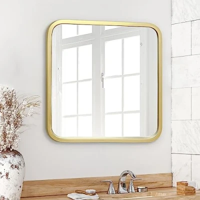 Afbeelding van Americanflat Vierkante wandspiegel met afgeronde hoeken voor slaapkamer, badkamer, woonkamer, 61 cm, gouden frame, grote ophangmateriaal