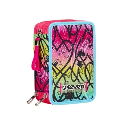 Afbeelding van Seven Pennenetui met 3 vakken, Roze, drievoudig vak, potloden, markers, kleuren, accessoires voor rug, elementair, middelgroot, superieur, meisjes en meisjes, school, School