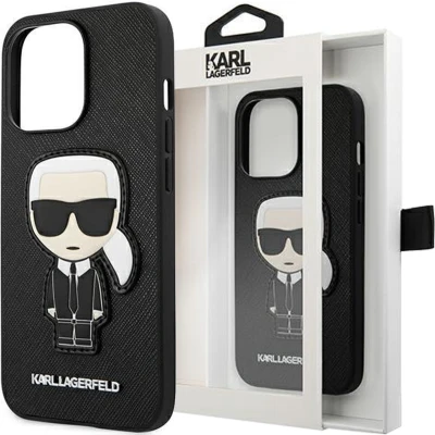 Afbeelding van Karl Lagerfeld KLHCP13SOKPK iPhone 13 mini 5.4 zwart/zwart hardcase Saffiano Ikonik Karl`s Patch