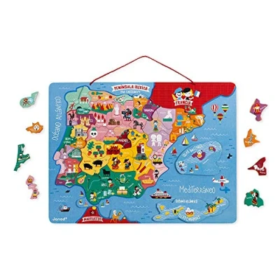 Afbeelding van Janod magnetische kaart van spaanplaat, kinderpuzzel hout, 60 onderdelen, ontdekken en opslaan, educatief spel geografie, vanaf 7 jaar J05478