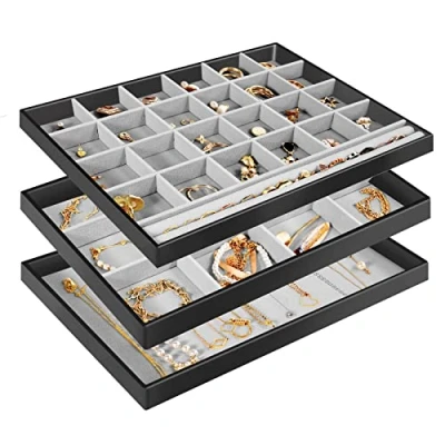 Afbeelding van ProCase Set van 3 stapelbare fluwelen sieradendienbladen voor commode, kast, sieraden, oorbellen, armbanden, ringen, vrouwen en meisjes, zwart
