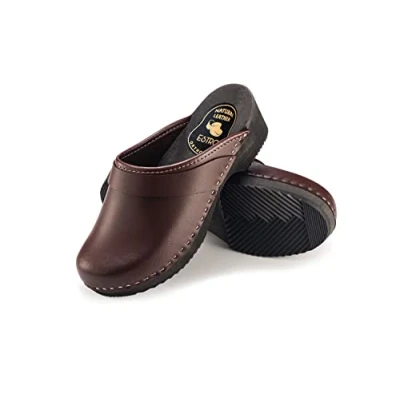 Afbeelding van ESTRO Klompen Dames Leer Ziekenhuis Slippers Orthopedische Clogs CDL07, Bruin