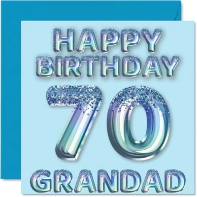 Afbeelding van Verjaardagskaart voor opa 70 jaar, blauwe glitterballonnen, verjaardagskaarten jarige grootvader van kleinzoon en kleindochter, 145 mm x