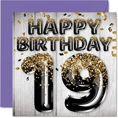 Afbeelding van Stuff4 Verjaardagskaart voor 19e verjaardag mannen Zwarte en gouden ballonnen Verjaardagskaarten 19 jaar, zoon, broer, oom, neef, 145 mm x