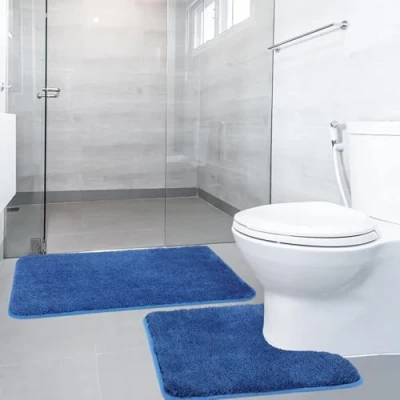 Afbeelding van SOANNY Set van 2 badmatten, langpolig, antislip, verdikte microvezel, 50 x 80 cm, douchemat, zachte pluche douchemat en toiletmat, wasmachinebestendig, blauw