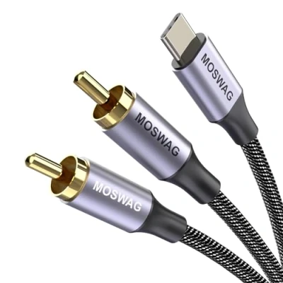 Afbeelding van MOSWAG USB type C naar 2 RCA audiokabel, kabel, audiokabel compatibel met LG Home Theatre, DVD versterker, tv, luidspreker, hifi versterker