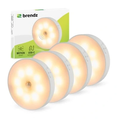 Afbeelding van Brendz LED ronde Kastverlichting met Bewegingssensor, USB C Oplaadbaar, Magnetisch, 4 stuks, Warm wit 3000K, Trapverlichting draadloos, Nachtlampje