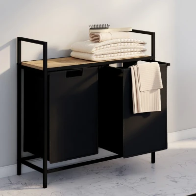 Afbeelding van IDMarket Detroit Wasmand, 2 bakken, zwarte stof, industrieel design