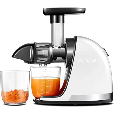 Afbeelding van AMZCHEF Slowjuicer voor groenten en fruit, sapmachine elektrische sapmachine, BPA vrije met 2 kopjes borstel, wit