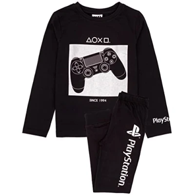 Afbeelding van Playstation Pyjama, jongens, kinderen, lange mouwen, controller, zwart, T shirt, zwart.