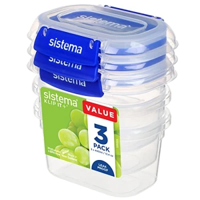 Image de Sistema Klip It Plus Lot de 3 boîtes conservation hermétiques pour aliments 400 ml avec fermeture anti fuite, clips verrouillage faciles, recyclables TerraCycle, sans BPA