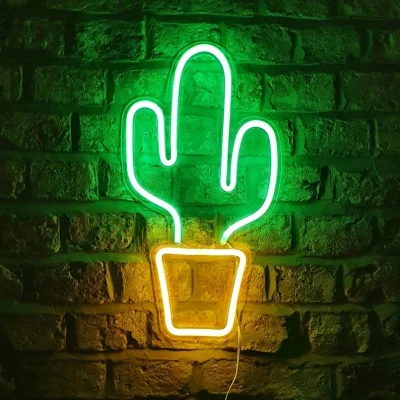 Afbeelding van LED Neon Wandlamp &quot;Cactus&quot;, Op USB, 47x26x2cm, Groen / Geel