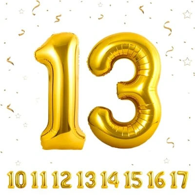 Afbeelding van Verjaardagsballonnen 13 goud 100 cm ballon cijfer 13, nummer Happy Birthday decoratie, ballonnen, verjaardagsfeest, jaren vliegen dankzij helium