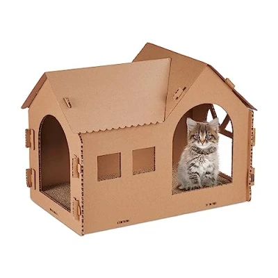 Afbeelding van Relaxdays kattenhuis karton met krabplank kattenmeubel binnen kattenmand dak
