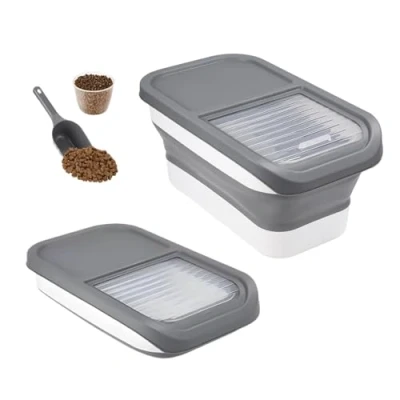 Afbeelding van Druuzyl Droogvoerbak voor honden/katten, 10 kg, opvouwbare opbergdoos met lepel en maatbeker, grijs, luchtdichte emmer diervoer lekkernijen