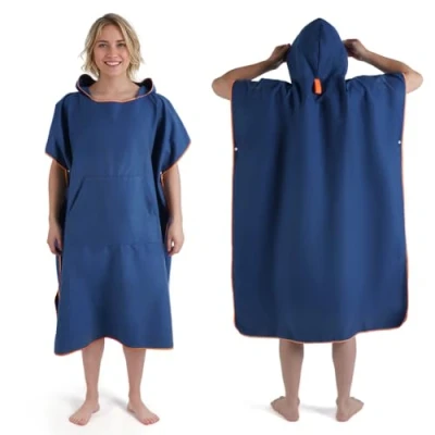 Afbeelding van KUOGAS Badponcho voor dames en heren, ponchohanddoek, surfhanddoek, microvezel, donkerblauw, M