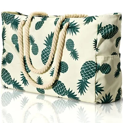 Afbeelding van oscaurt strandtas met strepen, waterdichte strandtas, grote ritssluiting, boodschappentas voor dames, XXL, familie, boodschappentas, schoudertas, reistas, Ananas,