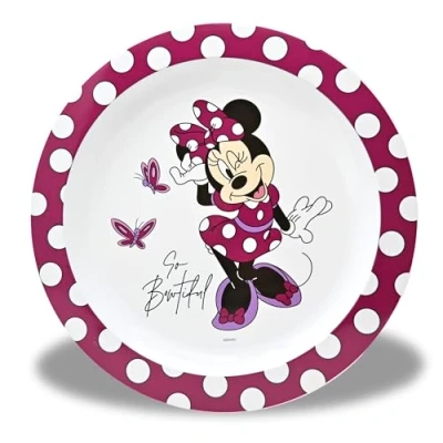 Afbeelding van Stor Minnie Mouse kinderbord leerbord bordeauxrood, BPA vrij en herbruikbaar campingbord van kunststof voor peuters 22 x cm
