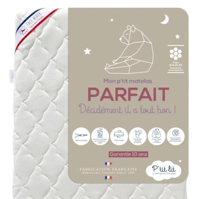 Afbeelding van P&#039;tit lit Perfect bedmatras 60 x 120 cm 2 zijden: ultra ademend zomer/warm en omhullend in de winter Anti mijt Afneembare hoes OekoTex Made EU, dikte tot 10