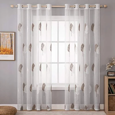Afbeelding van MIULEE 2 panelen sheer gordijnen bladeren geborduurde met oogjes raamgordijn semi voile modern voor woonkamer keuken thuis slaapkamer 140x175 cm (B X H) grote koffie