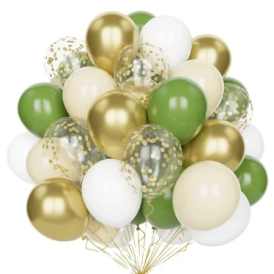 Afbeelding van 60 ballonnen saliegroen, wit, 30 cm, zand, metallic, goud, feestballonnen met confettiballonnen voor decoratie, verjaardag, bruiloft, babyshower, verjaardag