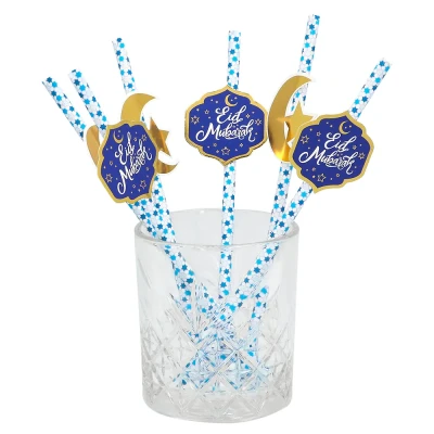 Afbeelding van Eid Mubarak Rietjes Blauw Goud 20cm per 6 stuks