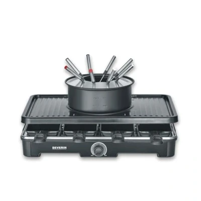 Image de Combiné Raclette Fondue Severin Rg2347 8 Pers Caquelon Avec Fourchettes Et Spatules Noir