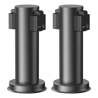 Afbeelding van ledscom.de 2 stuks PORU tuincontactdoos zuil voor buiten, IP44, 2x, roestvrij staal, zwart, rond, 27 cm
