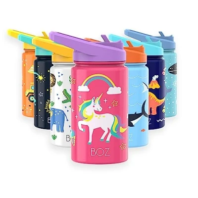 Afbeelding van BOZ Kinderwaterfles met rietjesdeksel, geïsoleerde roestvrijstalen waterfles voor kinderen, peuters, lekvrije kinderen en eenhoorn