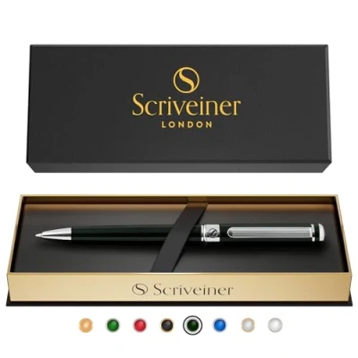 Afbeelding van Scriveiner Zwart groen balpenset, groen, Engels, verchroomd staal, navulbaar en intrekbaar, mooi cadeau voor dames heren, met doos, accessoires kantoor