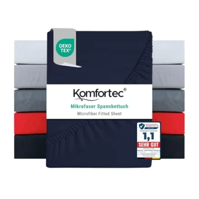 Image de Komfortec Drap housse en microfibre 200 x cm doux avec bord élastique pour matelas jusqu&#039;à 30 Bleu Certifié Oeko Tex Facile d&#039;entretien et la peau 90 g/m²