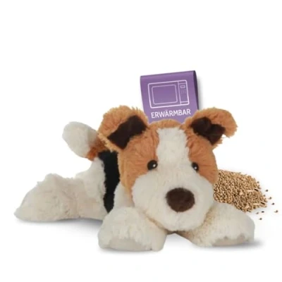 Afbeelding van Habibi Warmte/magnetron opwarm knuffel Hond/Terrier wit/bruin 33 cm pittenzak
