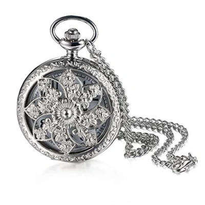 Afbeelding van JewelryWe Vaderdagcadeau, zakhorloge voor heren, retro Royal Flush, kompas, bloemen, bel, motorfiets, analoog, kwarts, hanger met ketting, brons, cadeau mannen, zilver.