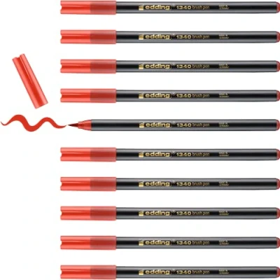 Afbeelding van Edding 1340 viltstiften met penseelpunt, rood, 10 stiften, flexibele vilt voor schilderen, schrijven en tekenen, notitieboeken, mandala&#039;s, kalligrafie