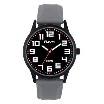 Afbeelding van Ravel Herenhorloge met zwarte behuizing siliconen sportarmband en gemarkeerde uurmarkeringen kwarts analoog RS003, grijs.