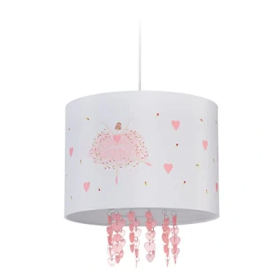 Afbeelding van Relaxdays hanglamp, kinderkamer, lampenkap, ballerina motief, H x D: 158 35 cm, wit/roze
