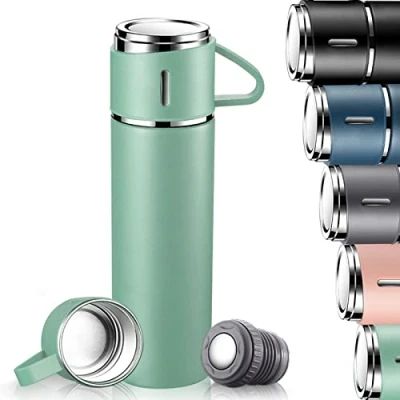 Afbeelding van Roestvrijstalen thermosfles voor 10 uur warm en koud, 500 ml met deksel lekvrije handgreep, thermoskan onderweg, werk, school, kinderen, baby, groen
