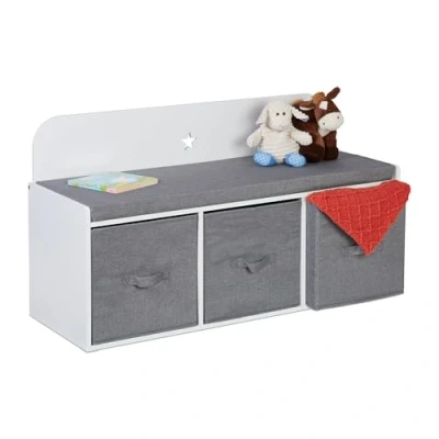 Afbeelding van Relaxdays Kinderbank met opbergruimte, 54 x 99 35 cm, voor kinderkamer en hal, zitkussen, halbank, wit/grijs