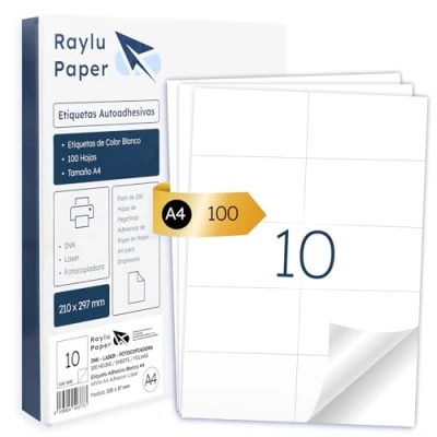 Afbeelding van Raylu Paper ® Witte zelfklevende etiketten voor het afdrukken van A4 papier laserinkjetprinters en kopieerapparaten, 10 per vel (105 x 57 mm)