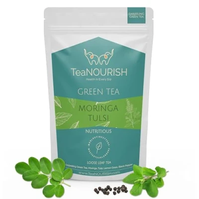 Afbeelding van TeaNOURISH moringa Tulsi Green Tea Darjeeling losse bladthee 100% natuurlijke &amp; tulsibladeren Immune Support 100 g