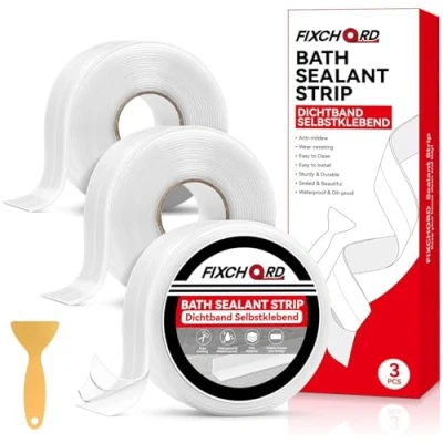 Afbeelding van FIXCHORD Afdichting voor badkamer, 3 rollen siliconen afdichting, transparant, afdichtingstape keuken, toilet, met afdichtingsgereedschap, 9,6 m x 38 mm