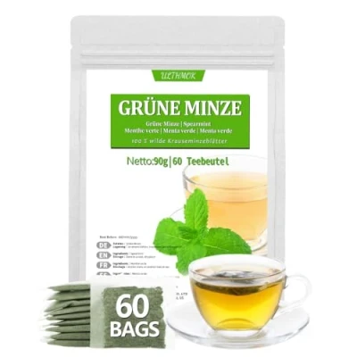 Afbeelding van Premium Spearmint 60 theezakjes, tuinmunt van 100% natuurlijke groene munt, cafeïnevrij en zonder additieven