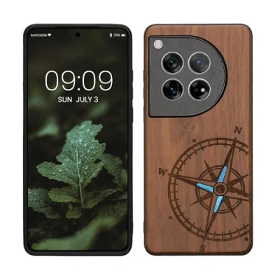 Afbeelding van kwmobile telefoonhoesje geschikt voorOnePlus 12 Hoesje met bumper hout In donkerbruin Parelmoer kompas design