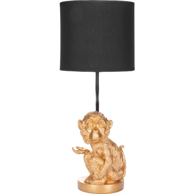 Afbeelding van BRUBAKER Tafel of bedlampje kleine aapje aap tafellamp met keramische voet en stoffen kap 52 cm hoog, goud zwart