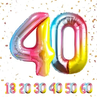 Afbeelding van Ballonnen verjaardag 40e regenboog 101 cm ballon nummer 40 opblaasbare folie decoratie man vrouw vliegen met helium