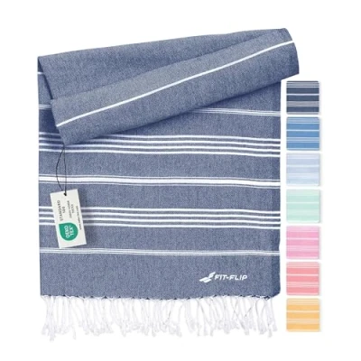Afbeelding van Hamamdoek van 100% katoen, duurzaam en natuurlijk, saunahanddoek, strandhanddoek, badhanddoek, yogahanddoek, marineblauw, 100 x 200 cm