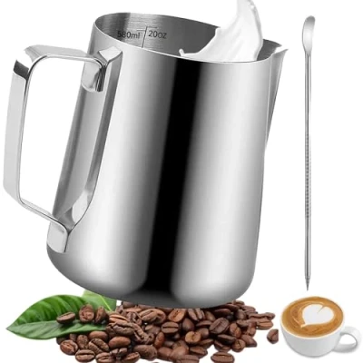 Afbeelding van Omtofo Melkkannetje, 550 ml, roestvrij staal, met Mark en latte Art Pen voor espresso, melkopschuimer, cappuccino, art, koffieliefhebbers